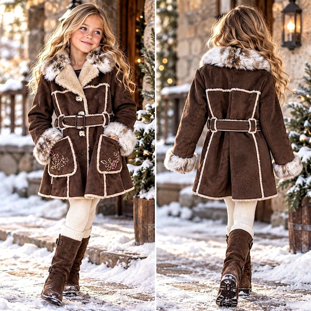 London Fog Girls 7 8 Penny Lane Faux Suede Coat Brown Fur Belted Embroidered